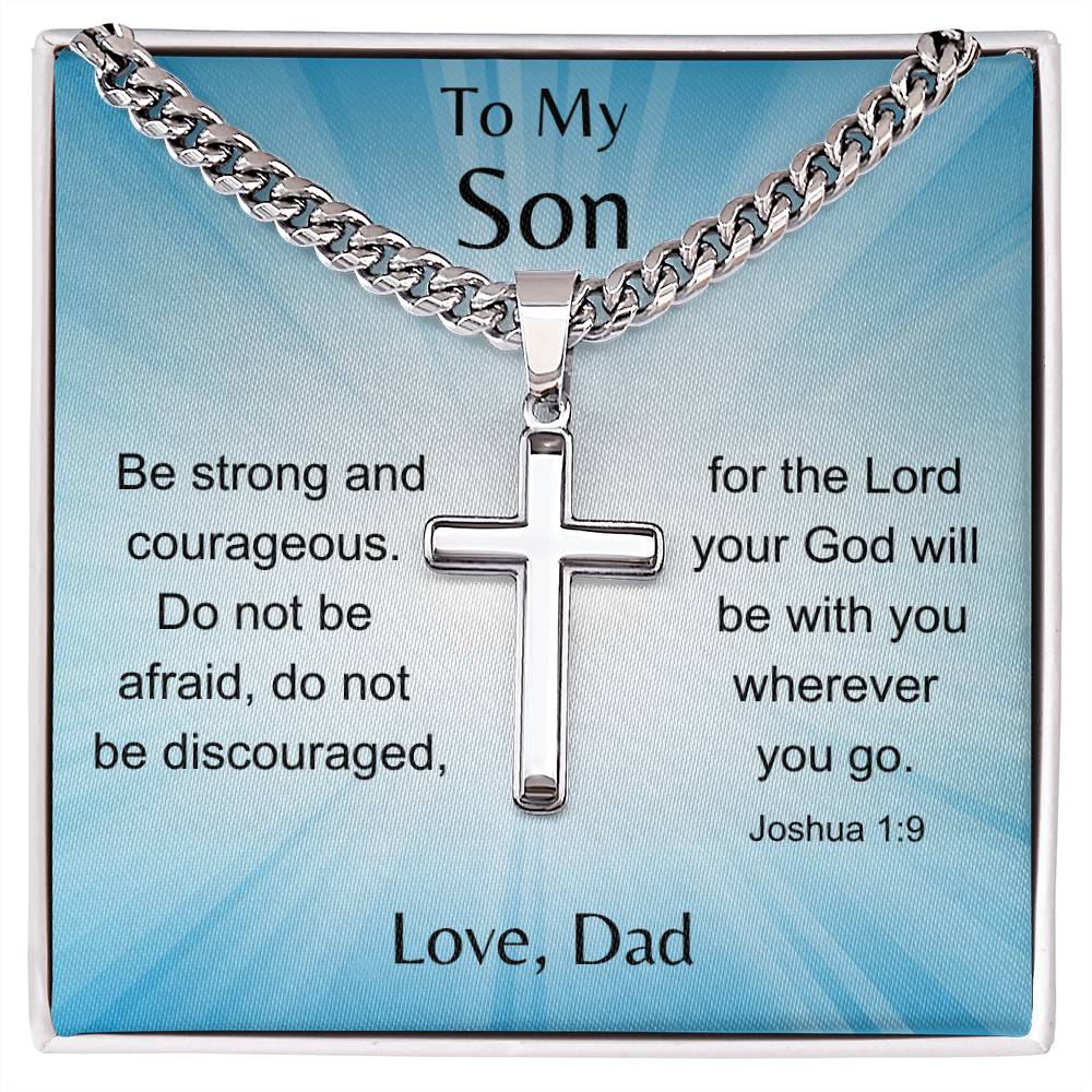 To Son From Dad-Joshua 1:9 Cross Necklace - Sparkly Heart Jewelry