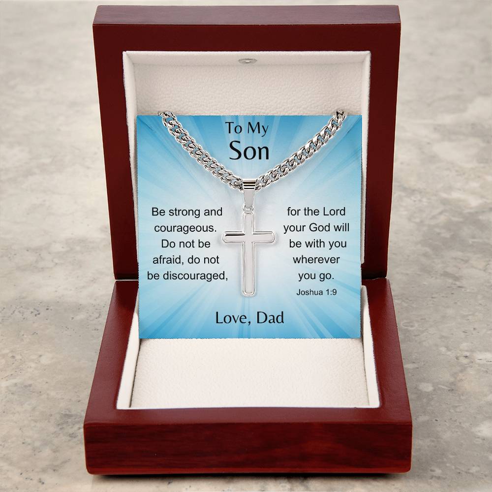 To Son From Dad-Joshua 1:9 Cross Necklace - Sparkly Heart Jewelry