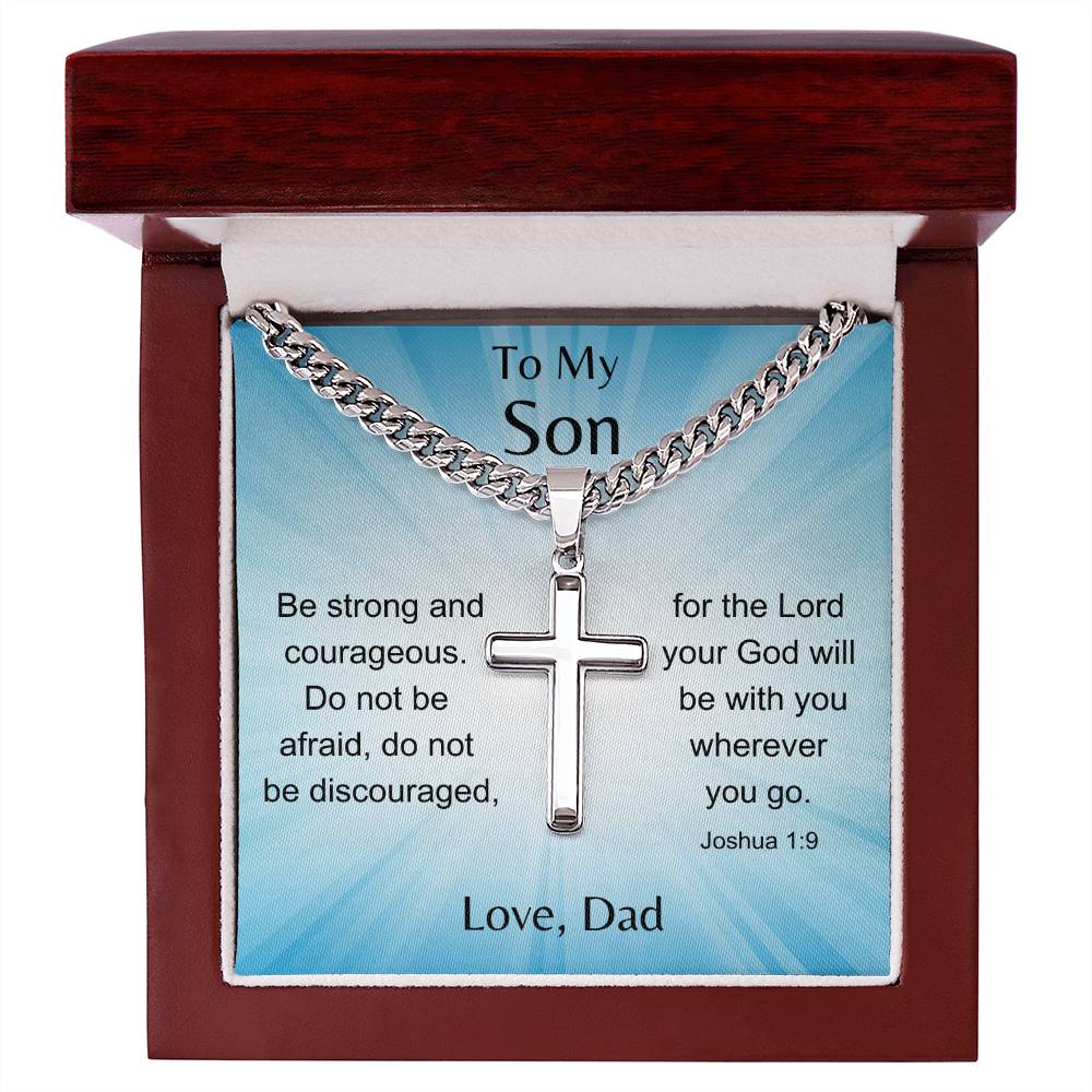 To Son From Dad-Joshua 1:9 Cross Necklace - Sparkly Heart Jewelry