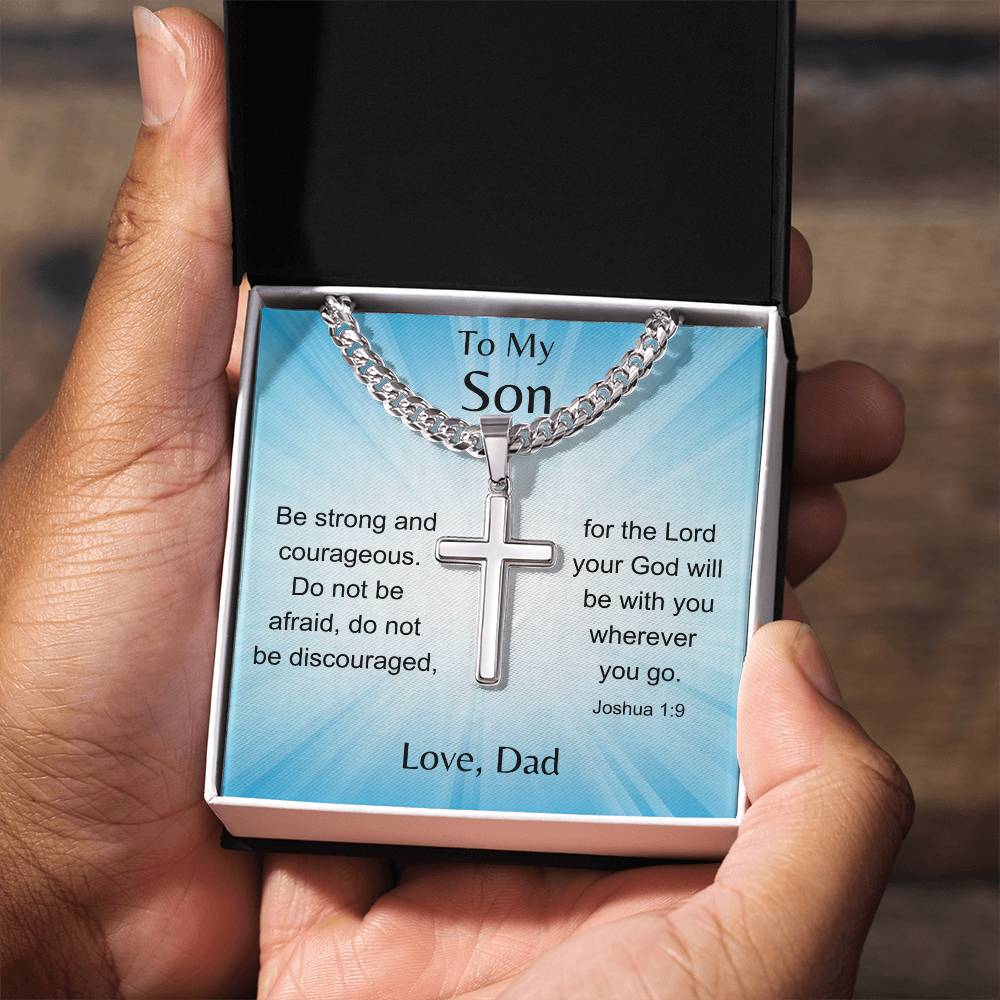 To Son From Dad-Joshua 1:9 Cross Necklace - Sparkly Heart Jewelry